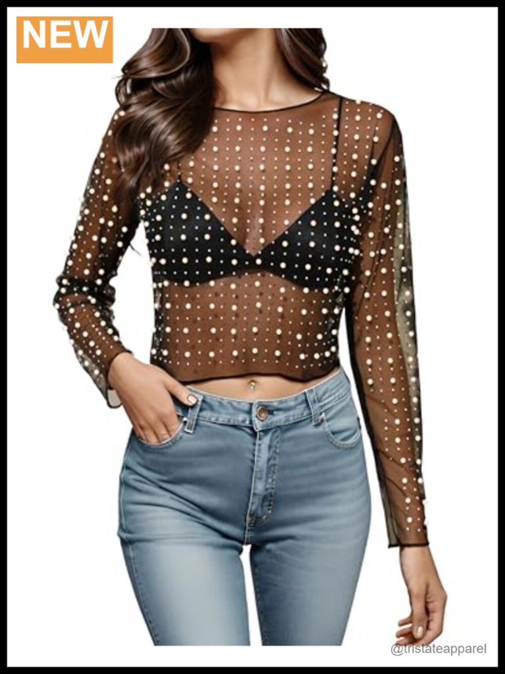 Women's Rhinestone Pearl Sheer Mesh Crop Top Long Sleeve Slim Fit Blouse